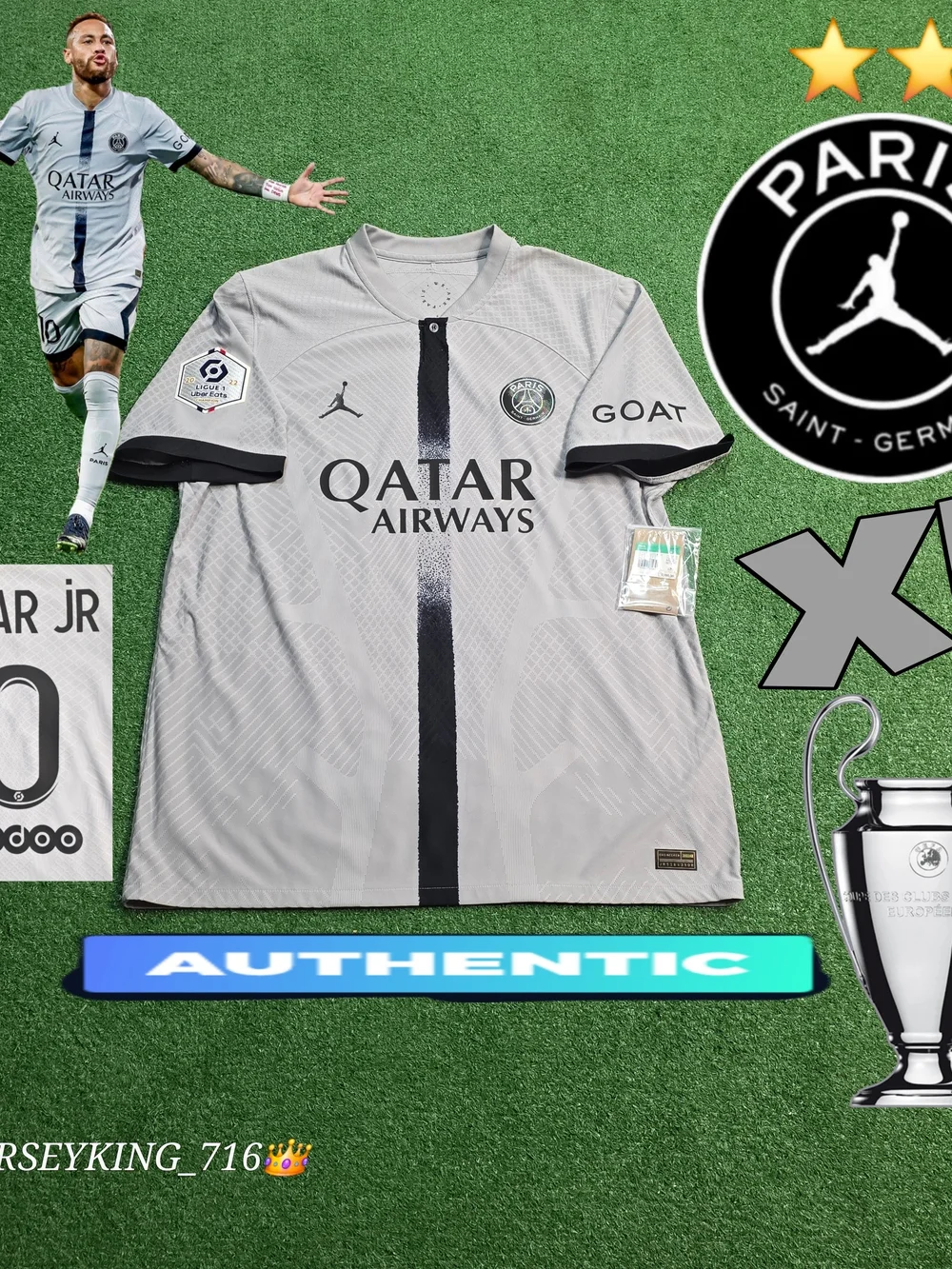Jordan X PSG Neymar Jr #10 2022/2023 Authentic Away Gray Jersey New Ligue 1 Patc